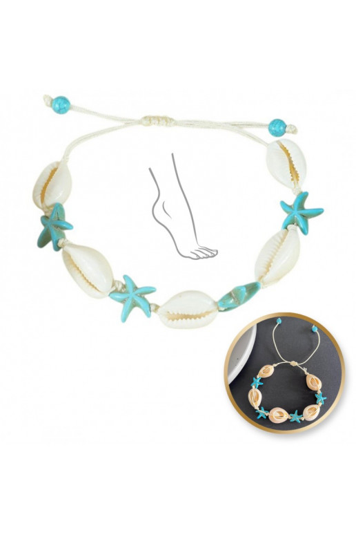 Ankle braceletsznurku, MUSZELKI andROZGWIAZDY blue B543N