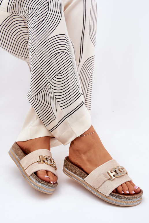 Women's Slippers With Golden Detail On Platform With Glitter Beige Eanes