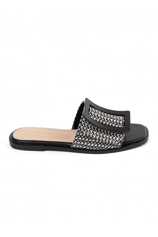 Tweedowe slippers  on a flat sole black-white color