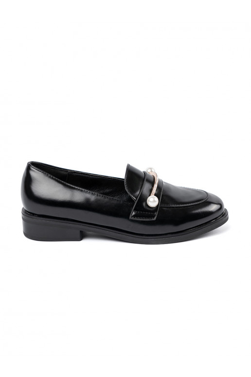 black lacquered Women's moccasins with pearls