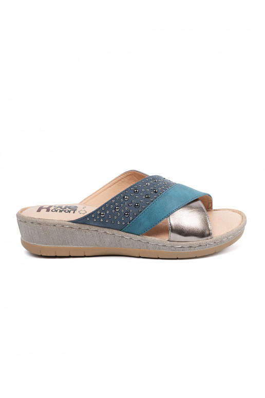 blue slippers  on a wedge ze silvermi ćwiekami