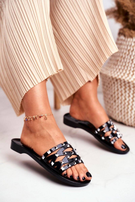 Women's Slides Black Rubber Studs Patty