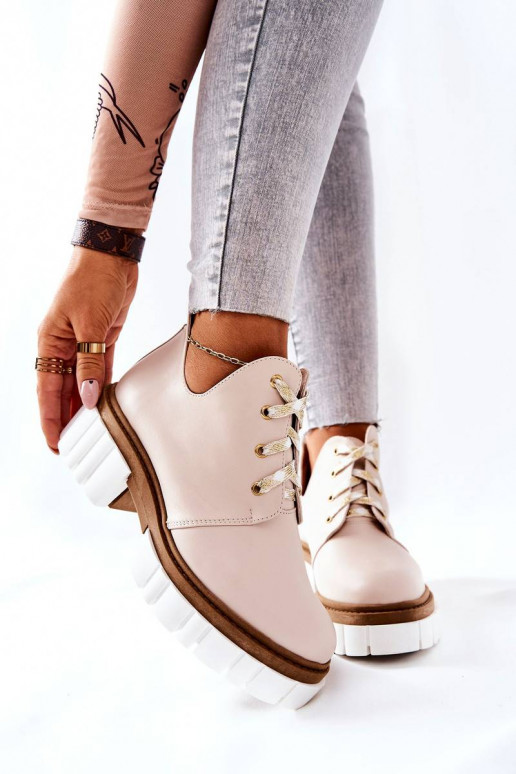 Leather Cutout Tiered Boots Beige Kaxo