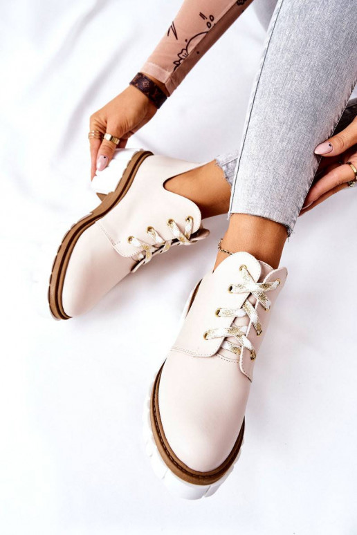 Leather Cutout Tiered Boots Beige Kaxo