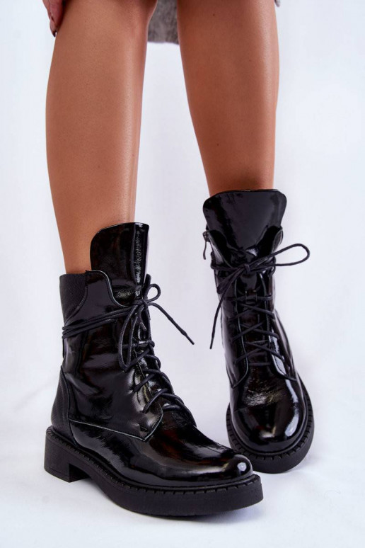 Women's Lacquered Lace-up Boots Black...