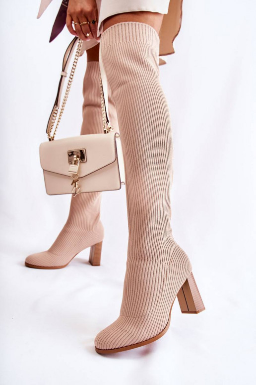 Striped Classic Boots On Heel Beige...
