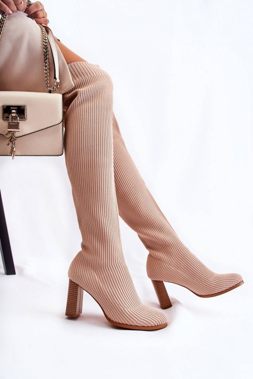 Striped Classic Boots On Heel Beige...