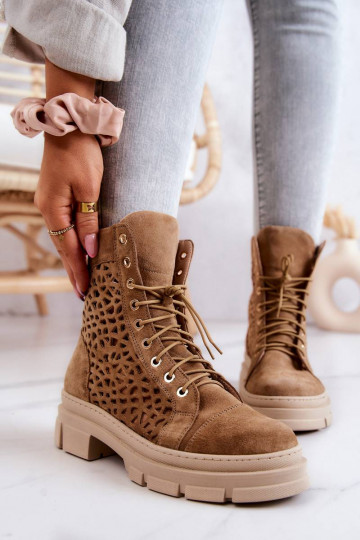 Suede openwork boots Camel...