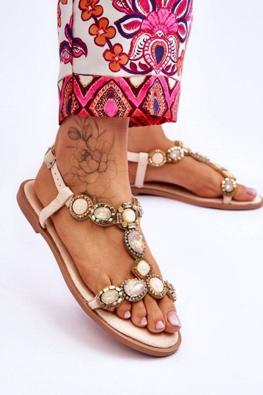 Suede Flat Sandals With Stones Beige...