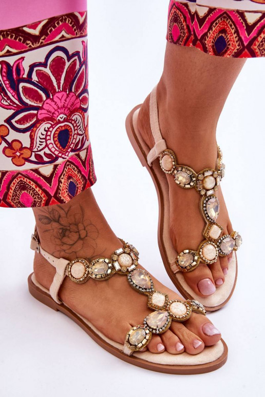 Suede Flat Sandals With Stones Beige...