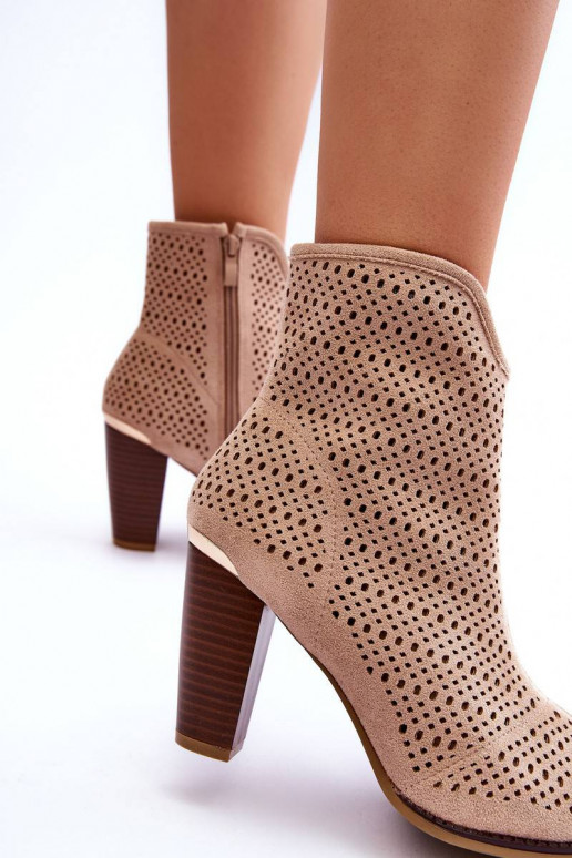 Openwork Suede Heel Boots Beige Logan