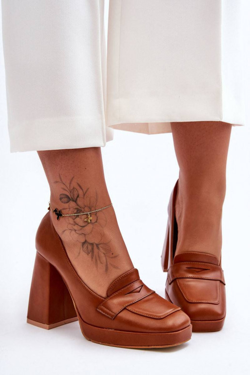 Women's Leather High Heel Shoes Camel...