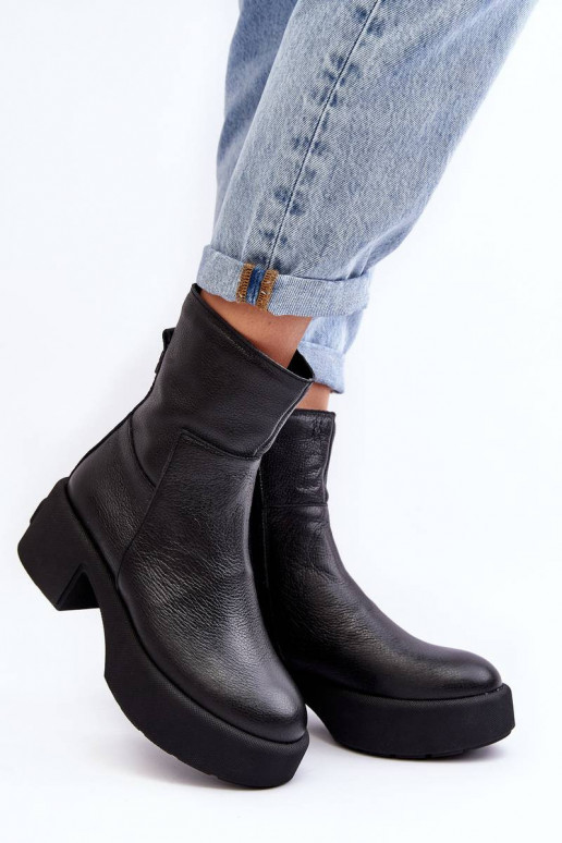 Leather Low Heel Boots Black Lemar...