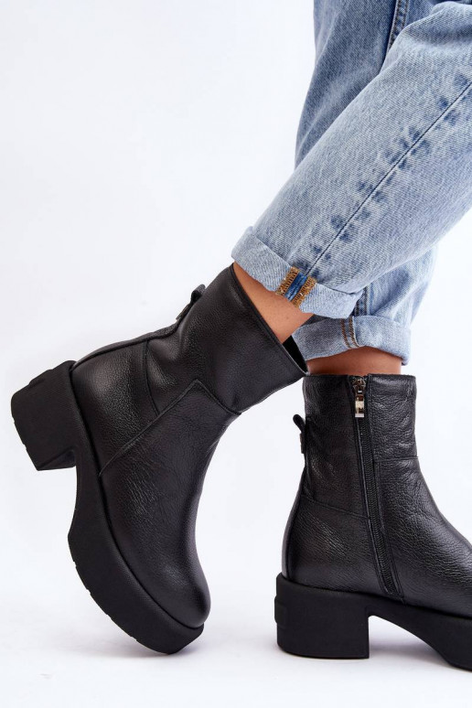 Leather Low Heel Boots Black Lemar...