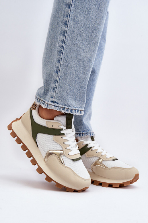 Women's Beige-Green Sports Sneakers...