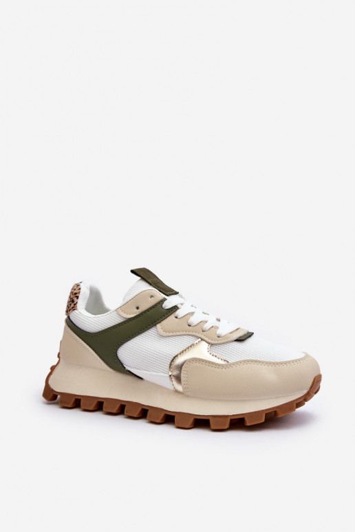 Women's Beige-Green Sports Sneakers...