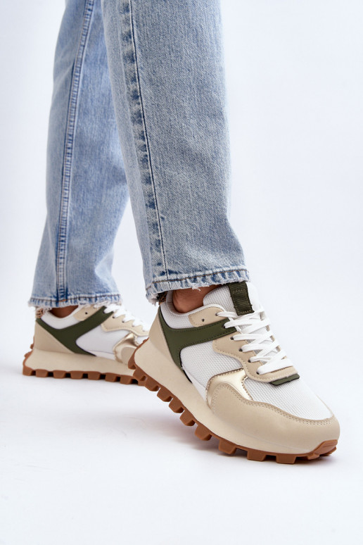 Women's Beige-Green Sports Sneakers...