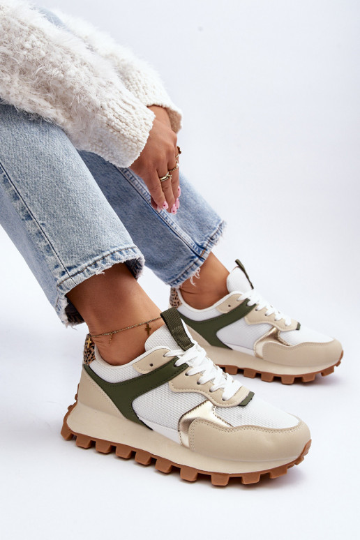 Women's Beige-Green Sports Sneakers...