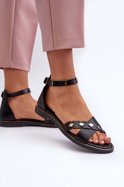 Zazoo Flat Women's Leather Sandals Black