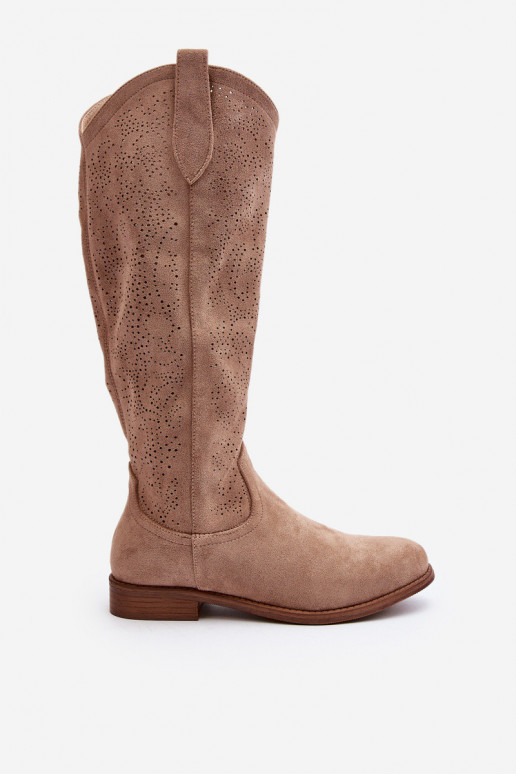 Women's openwork long boots beige...