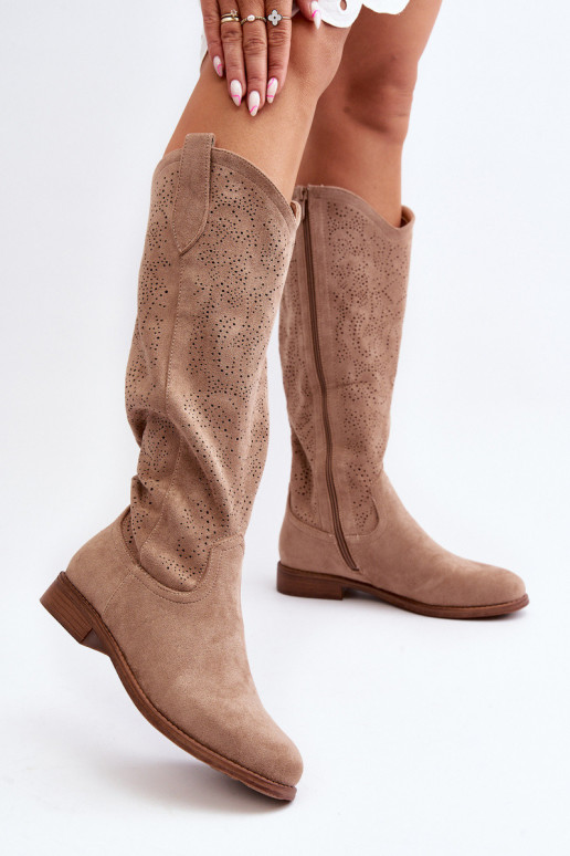 Women's openwork long boots beige...