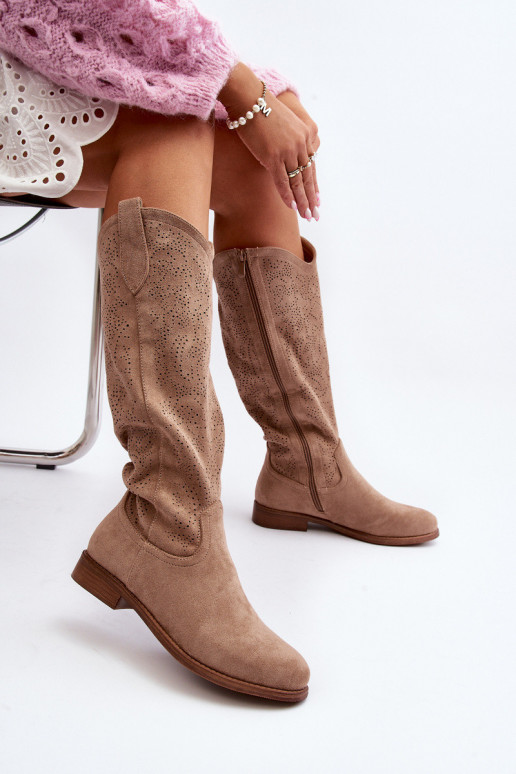 Women's openwork long boots beige...