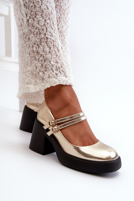 Eco leather wide heel shoes in gold...