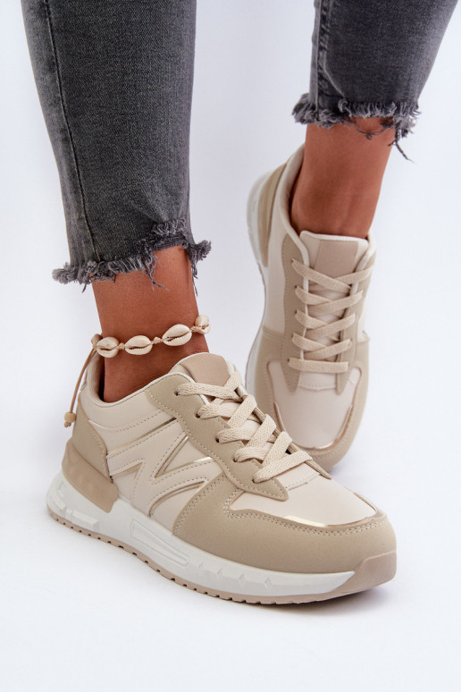 Women's Beige Faux Leather Sneakers...