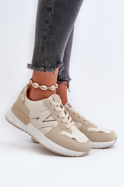 Women's Beige Faux Leather Sneakers...