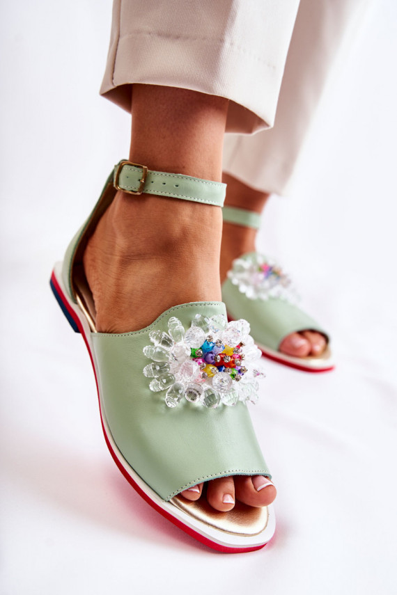 Women's Leather Sandals With Decoration Green Nevassa