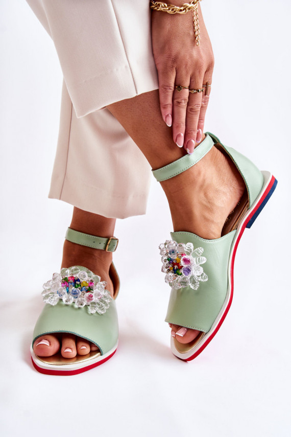 Women's Leather Sandals With Decoration Green Nevassa