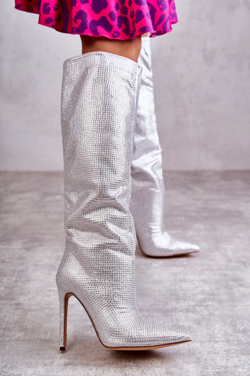 Fashionable Boots On High Heel With Cubic Zirconia Silver Lovisa