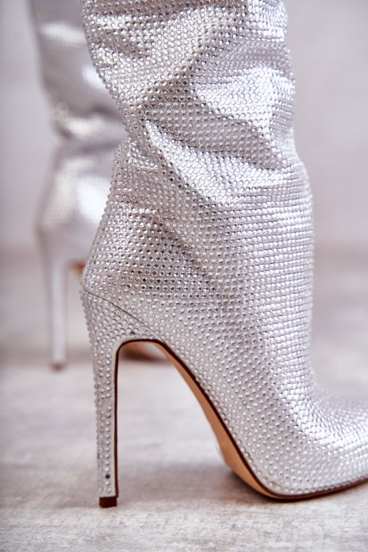 Fashionable Boots On High Heel With Cubic Zirconia Silver Lovisa