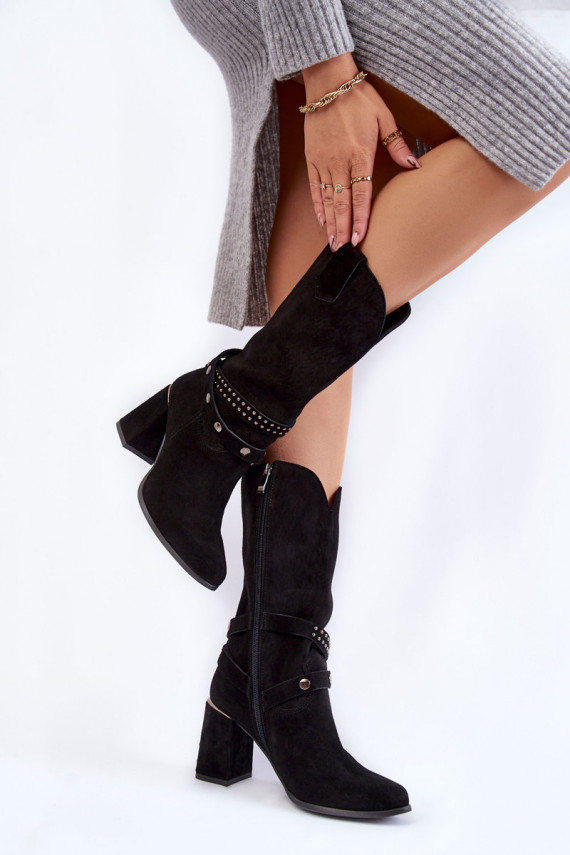 Women's Suede High Heel Boots Lewski Shoes 2934/B Black