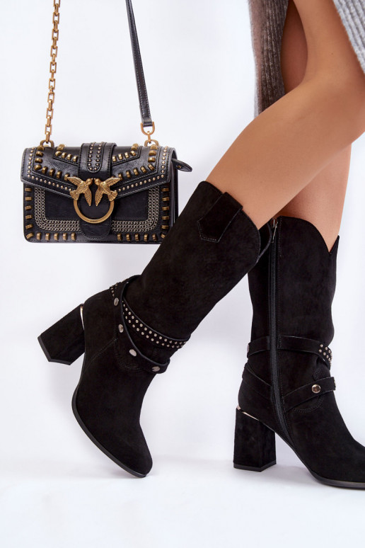 Women's Suede High Heel Boots Lewski Shoes 2934/B Black