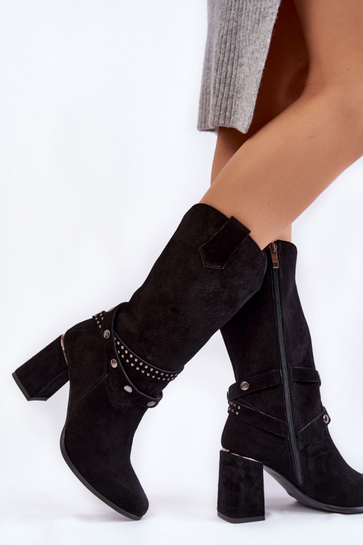 Women's Suede High Heel Boots Lewski Shoes 2934/B Black