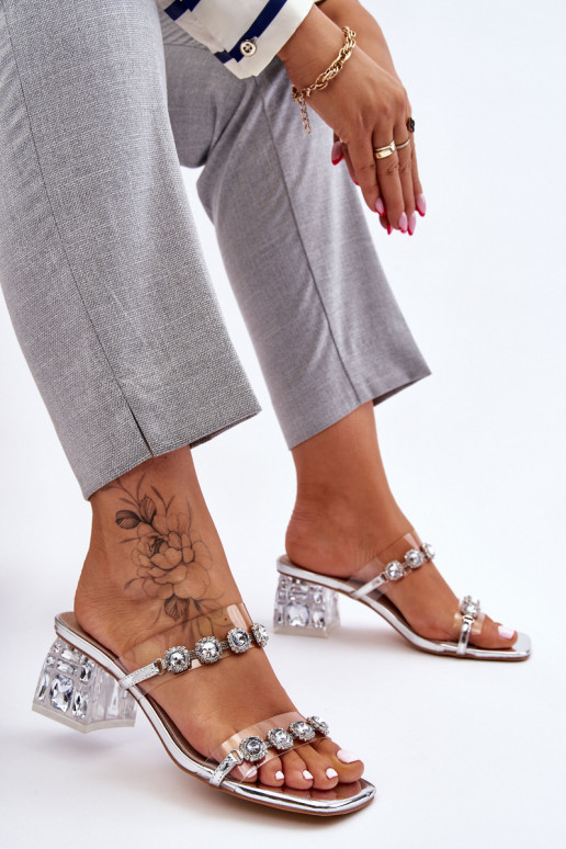 Women's Slippers With Decorative Zircons Silver Leyla