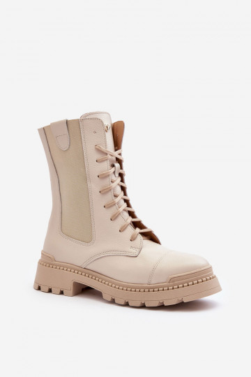 Leather Women's Lace-Up Ankle Boots Beige Nicole 2836 2