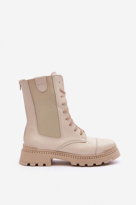 Leather Women's Lace-Up Ankle Boots Beige Nicole 2836
