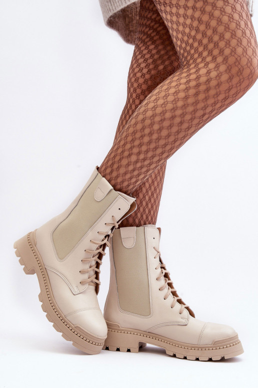 Leather Women's Lace-Up Ankle Boots Beige Nicole 2836