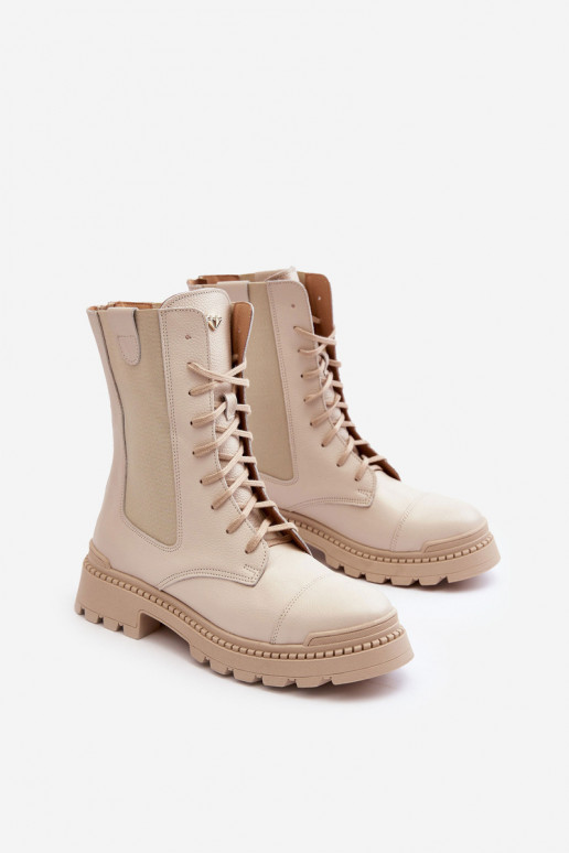 Leather Women's Lace-Up Ankle Boots Beige Nicole 2836