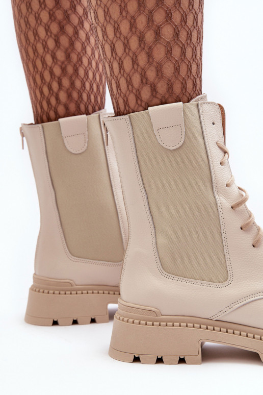 Leather Women's Lace-Up Ankle Boots Beige Nicole 2836