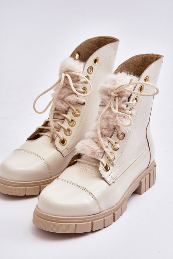 Leather Women's Boots With Faux Fur Light Beige Lewski 3296