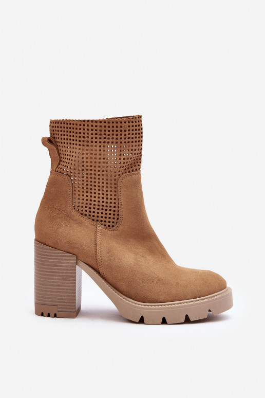 Women's Suede Openwork Boots On Heel Camel Lewski 3386