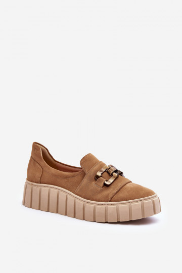 Women's Suede Shoes on Platform with Decoration Dark Beige Lewski 3398 2