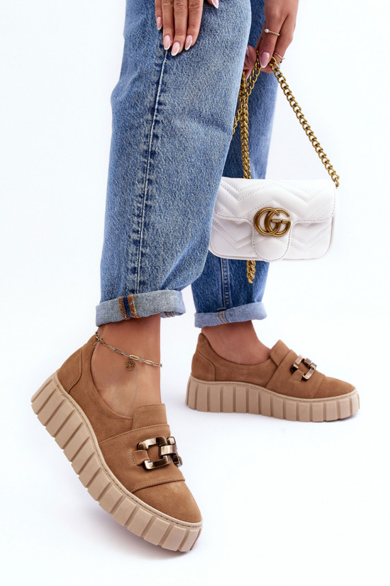 Women's Suede Shoes on Platform with Decoration Dark Beige Lewski 3398