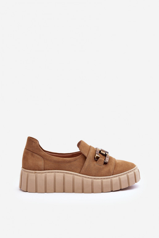 Women's Suede Shoes on Platform with Decoration Dark Beige Lewski 3398