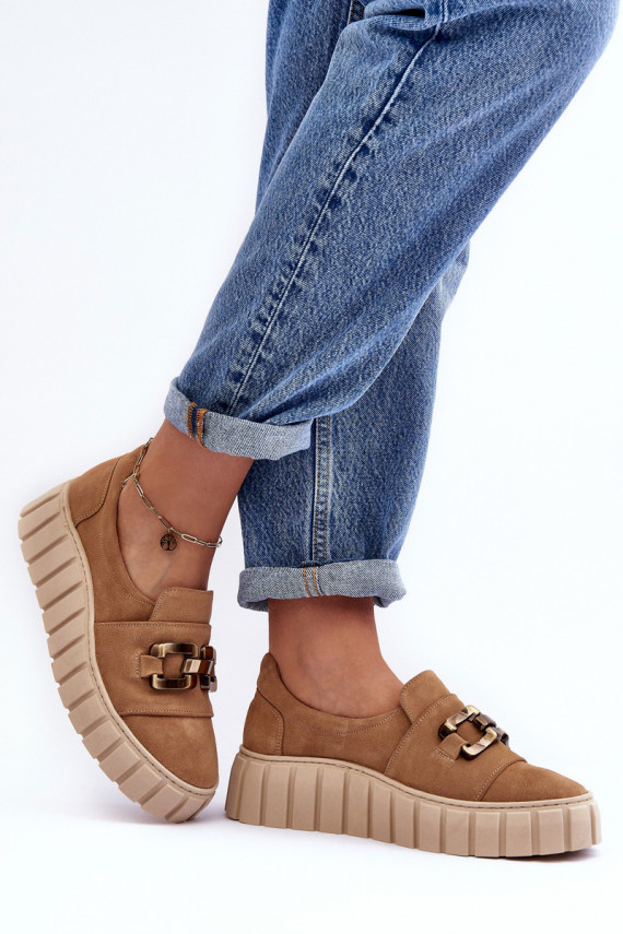 Women's Suede Shoes on Platform with Decoration Dark Beige Lewski 3398