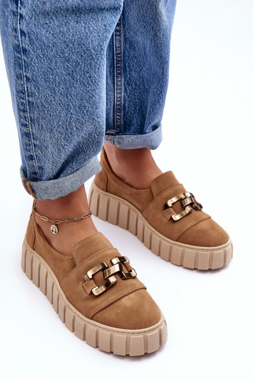 Women's Suede Shoes on Platform with Decoration Dark Beige Lewski 3398