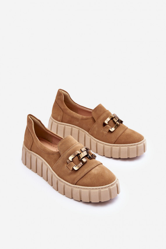 Women's Suede Shoes on Platform with Decoration Dark Beige Lewski 3398